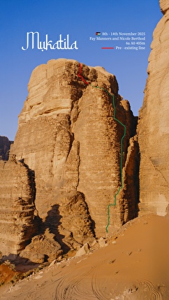 Wadi Rum, Jordan, Jebel Nassrani South, Nicole Berthod, Fay Manners - The route line of ‘Mukatila’ on Jebel Nassrani South at Wadi Rum in Jordan (Nicole Berthod, Fay Manners 11/2025) Wadi Rum, Jordan, Jebel Nassrani South, Nicole Berthod, Fay Manners - The route line of ‘Mukatila’ on Jebel Nassrani South at Wadi Rum in Jordan (Nicole Berthod, Fay Manners 11/2025)