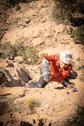 Taghia, Morocco, Fay Manners, Solenne Piret - Fay Manners and Solenne Piret making the first ascent of 'Win Oumalou' on Jebel Inslif at Taghia in Morocco, December 2025