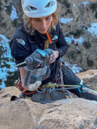 Taghia, Morocco, Fay Manners, Solenne Piret - Fay Manners and Solenne Piret making the first ascent of 'Win Oumalou' on Jebel Inslif at Taghia in Morocco, December 2025