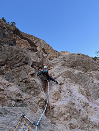 Taghia, Morocco, Fay Manners, Solenne Piret - Fay Manners and Solenne Piret making the first ascent of 'Win Oumalou' on Jebel Inslif at Taghia in Morocco, December 2025