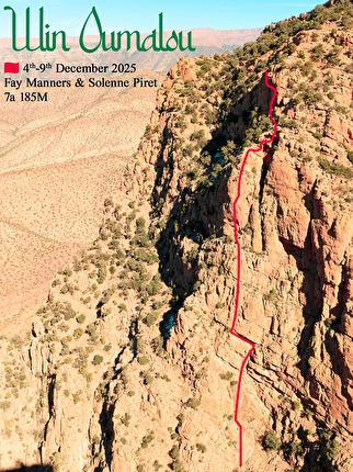 Taghia, Morocco, Fay Manners, Solenne Piret - Fay Manners and Solenne Piret making the first ascent of 'Win Oumalou' on Jebel Inslif at Taghia in Morocco, December 2025