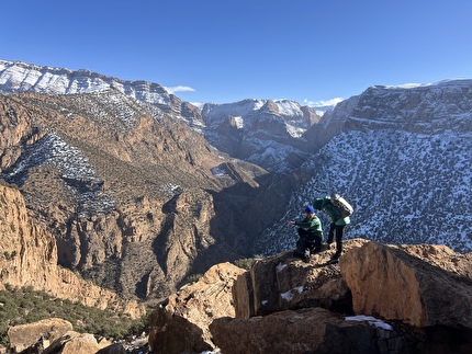 Taghia, Morocco, Fay Manners, Solenne Piret - Fay Manners and Solenne Piret making the first ascent of 'Win Oumalou' on Jebel Inslif at Taghia in Morocco, December 2025