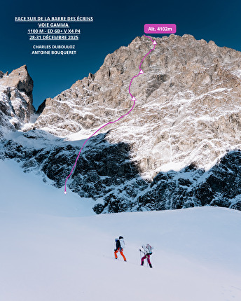 Barre des Écrins, Antoine Bouqueret, Charles Dubouloz - Antoine Bouqueret e Charles Dubouloz in salita prima della loro invernale della 'Diretta Gamma' alla Barre des Écrins (28-31/12/2025). La via è stata aperta nel 1992 da Michele Frigerio, Eugenio Manni, Riccardo Milani e Manuele Panzeri Barre des Écrins, Antoine Bouqueret, Charles Dubouloz - Antoine Bouqueret e Charles Dubouloz in salita prima della loro invernale della 'Diretta Gamma' alla Barre des Écrins (28-31/12/2025). La via è stata aperta nel 1992 da Michele Frigerio, Eugenio Manni, Riccardo Milani e Manuele Panzeri