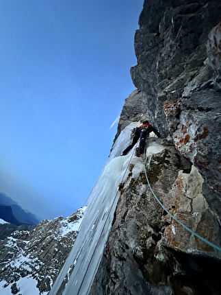 Roc de Garnesier, Dévoluy, France, Melvin Bou, Kilian Moni - Making the first ascent of 'Une histoire d'amitié' on the west face of Roc de Garnesier, Dévoluy, France (Melvin Bou, Kilian Moni 20/01/2026)