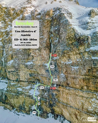 Roc de Garnesier, Dévoluy, France, Melvin Bou, Kilian Moni - The topo of 'Une histoire d'amitié' on the west face of Roc de Garnesier, Dévoluy, France (Melvin Bou, Kilian Moni 20/01/2026) Kilian Moni archive