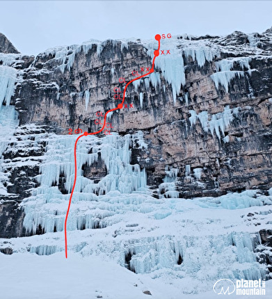 Val Travenanzes, Dolomiti, Diego Mabboni, Emanuele Svaluto Ferro - La relazione di 'Non disturbate il faraone' in Val Travenanzes, Dolomiti (Diego Mabboni, Emanuele Svaluto Ferro, 14/02/2025)