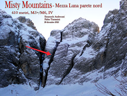 Mezza Luna Vallaccia, Dolomiti, Emanuele Andreozzi, Fabio Tamanini - Il tracciato di 'Misty Mountain' alla parete nord della Mezza Luna in Vallaccia, Dolomiti (Emanuele Andreozzi, Fabio Tamanini 28/12/2025)