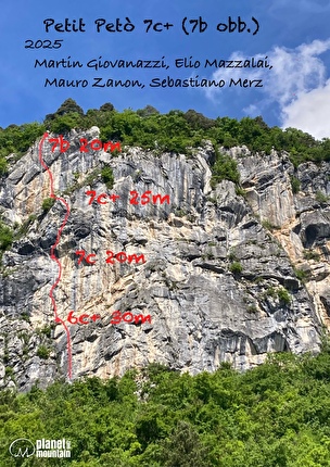 Petit Petò, parete del Covelo, Valle del Sarca - Il tracciato di 'Petit Petò' alla parete del Covelo in Valle del Sarca (Martin Giovanazzi, Elio Mazzalai, Sebastiano Merz, Mauro Zanon 2025)