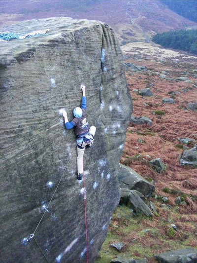 Pete Whittaker climbs Grandad's Slab at Burbage South