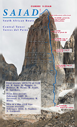 Torres del Paine, Chile, Tommy Caldwell, Siebe Vanhee - The 'South African route' on Central Tower of Paine in Patagonia, climbed free and in 24 hours by Tommy Caldwell & Siebe Vanhee on 13-14/02/2026