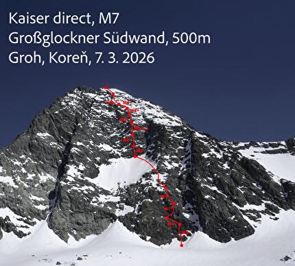 Grossglockner, Austria, Radoslav Groh, Juraj Koreň - Il tracciato di 'Kaiser Direct' sulla parete sud del Großglockner in Austria (Radoslav Groh, Juraj Koreň 07/03/2026)