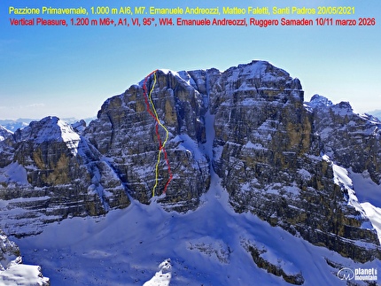 Vertical Pleasure, Cima Tosa Dolomiti di Brenta, Ruggero Samanden, Emanuele Andreozzi - Cima Tosa nelle Dolomiti di Brenta con i tracciati di 'Vertical Pleasure' (Ruggero Samanden, Emanuele Andreozzi 10-11/03/2026) e 'Pazzione Primavernale' (Emanuele Andreozzi, Matteo Faletti, Santiago Padrós 20/05/2021)