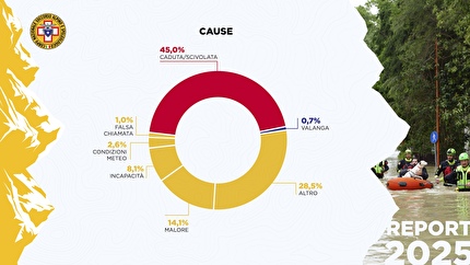 Corpo Nazionale Soccorso Alpino e Speleologico - Corpo Nazionale Soccorso Alpino e Speleologico dati 2025: cause. Caduta o scivolata: 45,0% Malore: 14,1% Incapacità durante l’attività: 8,1%