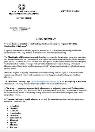 Kalymnos - Kalymnos ordinance of 10/04/2026 regarding the temporary closure of 10 crags for maintenance Kalymnos - Kalymnos ordinance of 10/04/2026 regarding the temporary closure of 10 crags for maintenance
