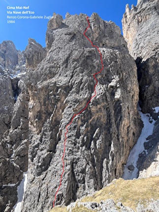 Nave dell’Eco, Cima Mai-Nef, Pale di San Martino, Dolomiti - Il tracciato della via 'Nave dell’Eco' alla Cima Mai-Nef, Pale di San Martino, Dolomiti (Ruggero Alberti, Renzo Corona, Alex Zuglian 04/2026)