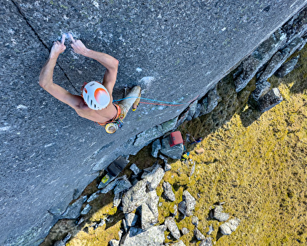 Franco Cookson - Franco Cookson making the first ascent of 'But Nothing Is Lost' (E12 7a) at Ben Loyal in northern Scotland on 28/04/2026