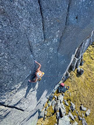 Franco Cookson - Franco Cookson making the first ascent of 'But Nothing Is Lost' (E12 7a) at Ben Loyal in northern Scotland on 28/04/2026