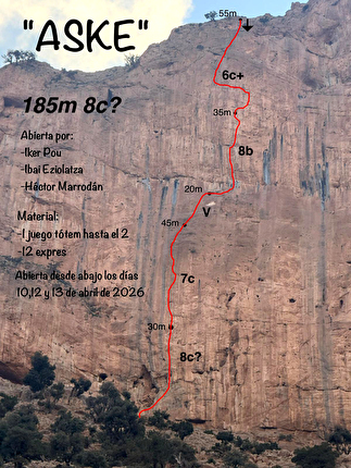 Taghia, Morocco, Ibai Ezio, Héctor Marrodán, Iker Pou - The topo of 'Aske' (8c?, 185m) on Paroi de la Cascade at Taghia in Morocco (Ibai Ezio, Héctor Marrodán, Iker Pou 04/2026) Taghia, Morocco, Ibai Ezio, Héctor Marrodán, Iker Pou - The topo of 'Aske' (8c?, 185m) on Paroi de la Cascade at Taghia in Morocco (Ibai Ezio, Héctor Marrodán, Iker Pou 04/2026)