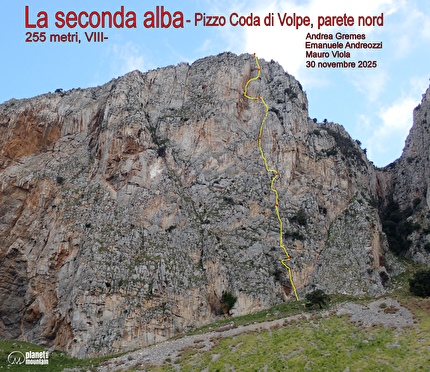 La seconda alba, Pizzo Coda di Volpe, Monte Gallo, Sicilia - Il tracciato della via 'La seconda alba' al Pizzo Coda di Volpe, Monte Gallo, Sicilia (Emanuele Andreozzi, Andrea Gremes, Mauro Viola 30/11/2025) La seconda alba, Pizzo Coda di Volpe, Monte Gallo, Sicilia - Il tracciato della via 'La seconda alba' al Pizzo Coda di Volpe, Monte Gallo, Sicilia (Emanuele Andreozzi, Andrea Gremes, Mauro Viola 30/11/2025)