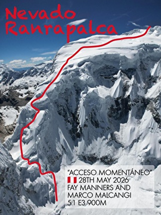 Ranrapalca Peru, Fay Manners, Marco Malcangi - The line of the ski descent 'Acceso Momentáneo' on Nevado Ranrapalca (6162m) in Peru (Fay Manners, Marco Malcangi 28/05/2026) Ranrapalca Peru, Fay Manners, Marco Malcangi - The line of the ski descent 'Acceso Momentáneo' on Nevado Ranrapalca (6162m) in Peru (Fay Manners, Marco Malcangi 28/05/2026)