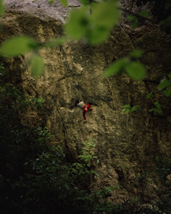 Katherine Choong Ravage - Katherine Choong making the first female ascent of historic 'Ravage' (8b+/c) at Chuensiberg in Switzerland on 2 May 2026