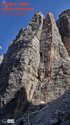 inCLOUsivity, Cinque Torri, Dolomiti, Massimo Coda, Andrea Lanfri - Il tracciato della via 'inCLOUsivity' sulla Torre Romana alle Cinque Torri, Dolomiti (Massimo Coda, Andrea Lanfri 03-04/07/2026)