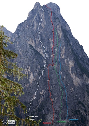 Croda Bagnata, Dolomiti, Tobias Engl, Florian Huber, Damian Pitscheider - Il tracciato della via 'Reise zum Riesen' alla Croda Bagnata in Val di Landro, Dolomiti (Tobias Engl, Florian Huber, Damian Pitscheider 2026) Croda Bagnata, Dolomiti, Tobias Engl, Florian Huber, Damian Pitscheider - Il tracciato della via 'Reise zum Riesen' alla Croda Bagnata in Val di Landro, Dolomiti (Tobias Engl, Florian Huber, Damian Pitscheider 2026)