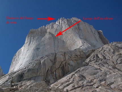 Cerro Piergiorgio 2008 - La parete del Pirgiorgio con indicato il punto dell'incidente a Giovanni Ongaro