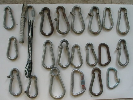 Carabiners used at belay stations - The gear that was tested. The numbers refer to the numbers in the pdf table.