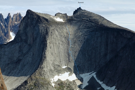 Greenland 2012 - La chute de rein (600m, 6c, A1 pendulum), Torsukatak Fjord, Greenland