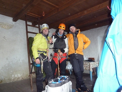 Psyco Killer, Tofana, Dolomites - At the Cantore hut after Psyco Killer, Tofana di Rozes, Dolomites (Beppe Ballico, Andrea Gamberini & Marco Milanese 12/01/2013)