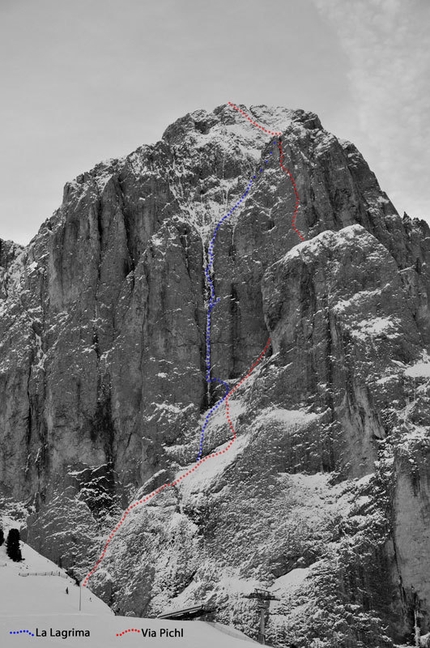 La Legrima, Adam Holzknecht and Hubert Moroder make first ascent of the icefall on Sassolungo North Face