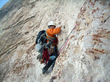 Pilastro Magno, Sassolungo first winter ascent by Milani and Travaglia