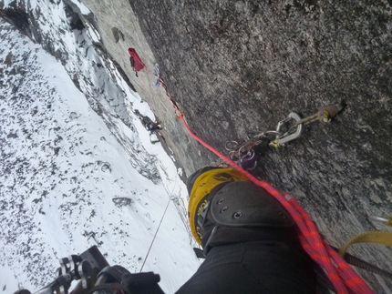 Trollveggen Troll Wall, Norway - 01/2013: Andy Kirkpatrick, Tormod Granheim and Aleksander Gamme during their winter ascent of Suser Gjennom Harryland on Trollveggen (Troll Wall) in Norway.