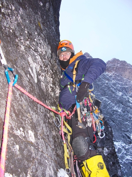 Trollveggen Troll Wall, Norway - 01/2013: Andy Kirkpatrick, Tormod Granheim and Aleksander Gamme during their winter ascent of Suser Gjennom Harryland on Trollveggen (Troll Wall) in Norway.