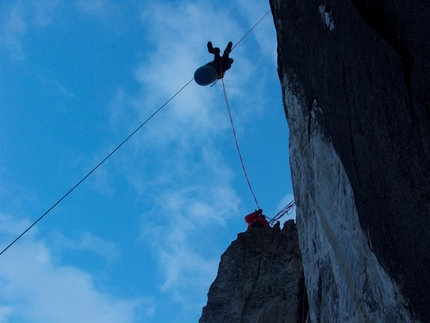 Trollveggen Troll Wall, Norway - 01/2013: Andy Kirkpatrick, Tormod Granheim and Aleksander Gamme during their winter ascent of Suser Gjennom Harryland on Trollveggen (Troll Wall) in Norway.