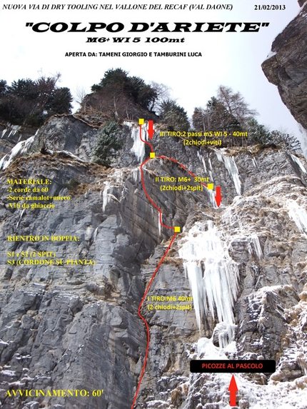 Cascate di ghiaccio, Val Daone Val di Ledro - Colpo d'ariete, Vallone del Recaf (120m, WI5 M6+, Giorgio Tameni, Luca Tamburini 21/02/2013).
