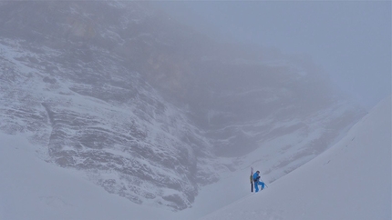 Grand Muveran West Face - Sébastien de Sainte Marie during the first attempt of the West Face of Grand Muveran (1600m, 5.2/5.3 E4) in Switzerland's Bernese Alps.