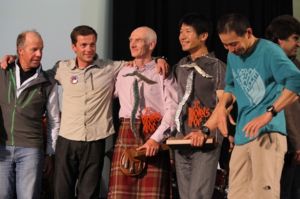 Piolets d'Or 2013 - Some of the teams:: from left to right: Sandy Allan (Nanga Parbat); Sebastien Bohin (Kamet); Rick Allen (Nanga Parbat); Yasuhiro Hanatani (Kyashar) and Tatsuya Aoki (Kyashar).