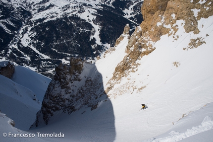 Piz Lavarella, Dolomiti - Francesco Tremolada e Andrea Oberbacher durante la prima discesa in sci della parete Ovest del Piz Lavarella, Dolomiti, il 10/04/2013.