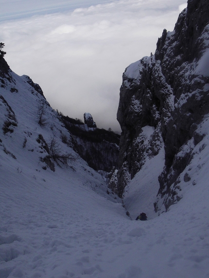 Grignone - Giacomo Rovida and Ramon Chiodi making the probable first ski descent of the couloir they dubbed Una Storia Sbagliata, Grigna Settentrionale, on 5/04/2013