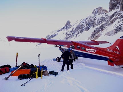 Citadel, Kichatna Range, Alaska - Ben Erdmann, Jess Roskelley and Kristoffer Szilas making the first ascent of Hypa Zypa Couloir (ED: AI5+, M6+, 5.10R, A3, 1100m, 5 - 7/04/2013) , Citadel East Face, Kichatna Range, Alaska.