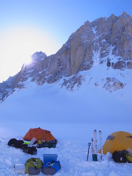 Citadel, Kichatna Range, Alaska - Ben Erdmann, Jess Roskelley and Kristoffer Szilas making the first ascent of Hypa Zypa Couloir (ED: AI5+, M6+, 5.10R, A3, 1100m, 5 - 7/04/2013) , Citadel East Face, Kichatna Range, Alaska.