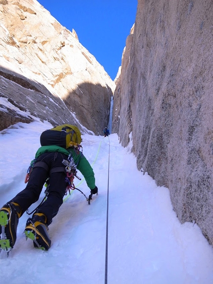 Citadel, Kichatna Range, Alaska - Ben Erdmann, Jess Roskelley and Kristoffer Szilas making the first ascent of Hypa Zypa Couloir (ED: AI5+, M6+, 5.10R, A3, 1100m, 5 - 7/04/2013) , Citadel East Face, Kichatna Range, Alaska.