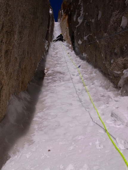 Citadel, Kichatna Range, Alaska - Ben Erdmann, Jess Roskelley and Kristoffer Szilas making the first ascent of Hypa Zypa Couloir (ED: AI5+, M6+, 5.10R, A3, 1100m, 5 - 7/04/2013) , Citadel East Face, Kichatna Range, Alaska.