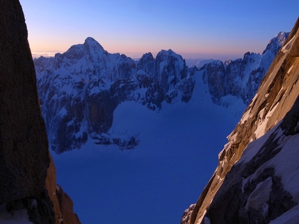 Citadel, Kichatna Range, Alaska - Ben Erdmann, Jess Roskelley and Kristoffer Szilas making the first ascent of Hypa Zypa Couloir (ED: AI5+, M6+, 5.10R, A3, 1100m, 5 - 7/04/2013) , Citadel East Face, Kichatna Range, Alaska.