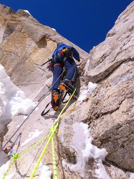 Citadel, Kichatna Range, Alaska - Ben Erdmann, Jess Roskelley and Kristoffer Szilas making the first ascent of Hypa Zypa Couloir (ED: AI5+, M6+, 5.10R, A3, 1100m, 5 - 7/04/2013) , Citadel East Face, Kichatna Range, Alaska.