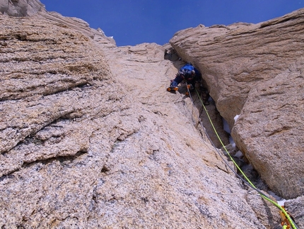 Citadel, Kichatna Range, Alaska - Ben Erdmann, Jess Roskelley and Kristoffer Szilas making the first ascent of Hypa Zypa Couloir (ED: AI5+, M6+, 5.10R, A3, 1100m, 5 - 7/04/2013) , Citadel East Face, Kichatna Range, Alaska.