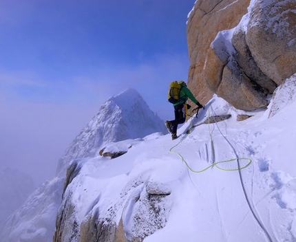 Citadel, Kichatna Range, Alaska - Ben Erdmann, Jess Roskelley and Kristoffer Szilas making the first ascent of Hypa Zypa Couloir (ED: AI5+, M6+, 5.10R, A3, 1100m, 5 - 7/04/2013) , Citadel East Face, Kichatna Range, Alaska.