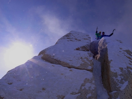 Citadel, Kichatna Range, Alaska - Ben Erdmann, Jess Roskelley and Kristoffer Szilas making the first ascent of Hypa Zypa Couloir (ED: AI5+, M6+, 5.10R, A3, 1100m, 5 - 7/04/2013) , Citadel East Face, Kichatna Range, Alaska.